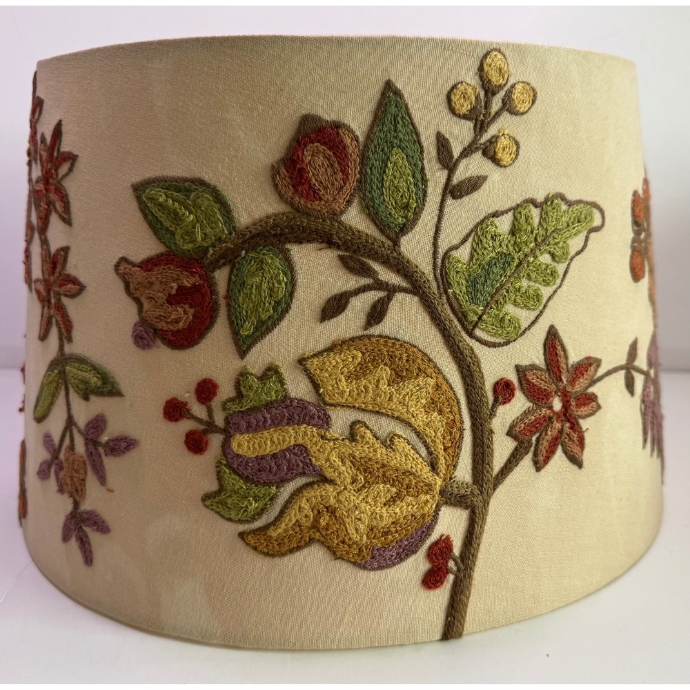 Vtg Embroidered Lampshade Floral Crewel Needlework Mid Century Boho Decor